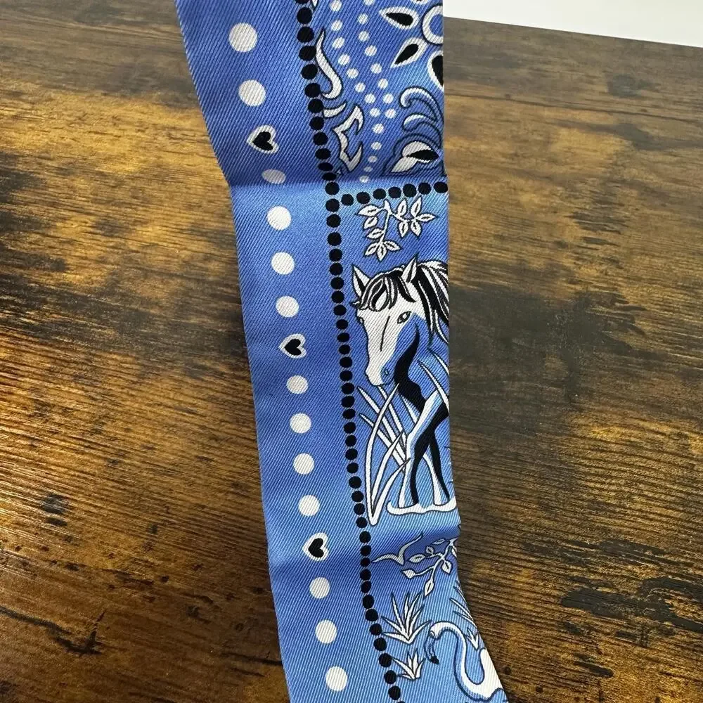 Hermes Twilly Scarf Womens One Size Blue Silk Horse Polka Dot Bandeau France